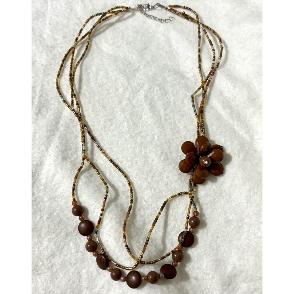Vintage Boho Multi Strand Seed Bead Flower Statement Necklace Brown Adjustable